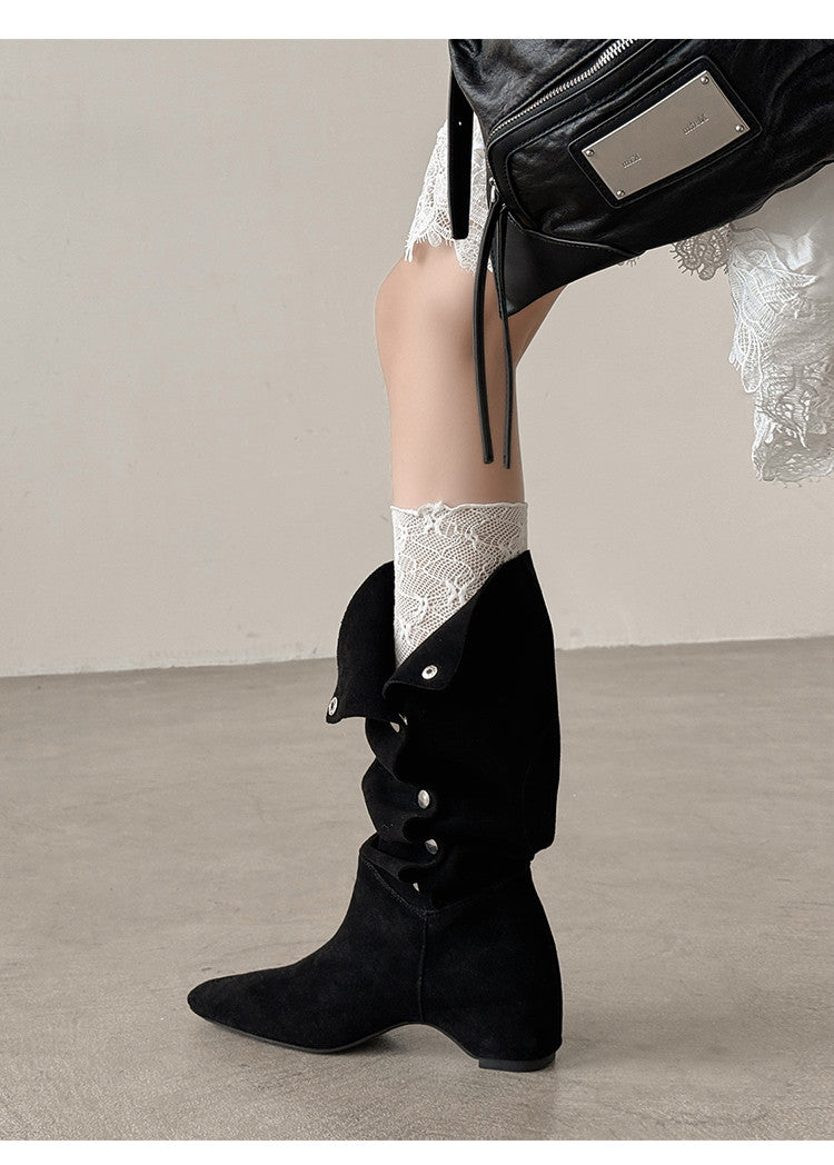 Karin Luna Bestseller Hot-Selling Hidden Buckle Lazy Style Square-Toe Height-Increasing Suede Western Boots
