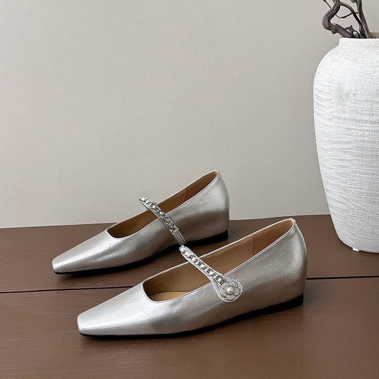 Karin Luna In Stock In Stock ~Metal One-Strap Pearl Small Square Toe Height-Increasing Flats