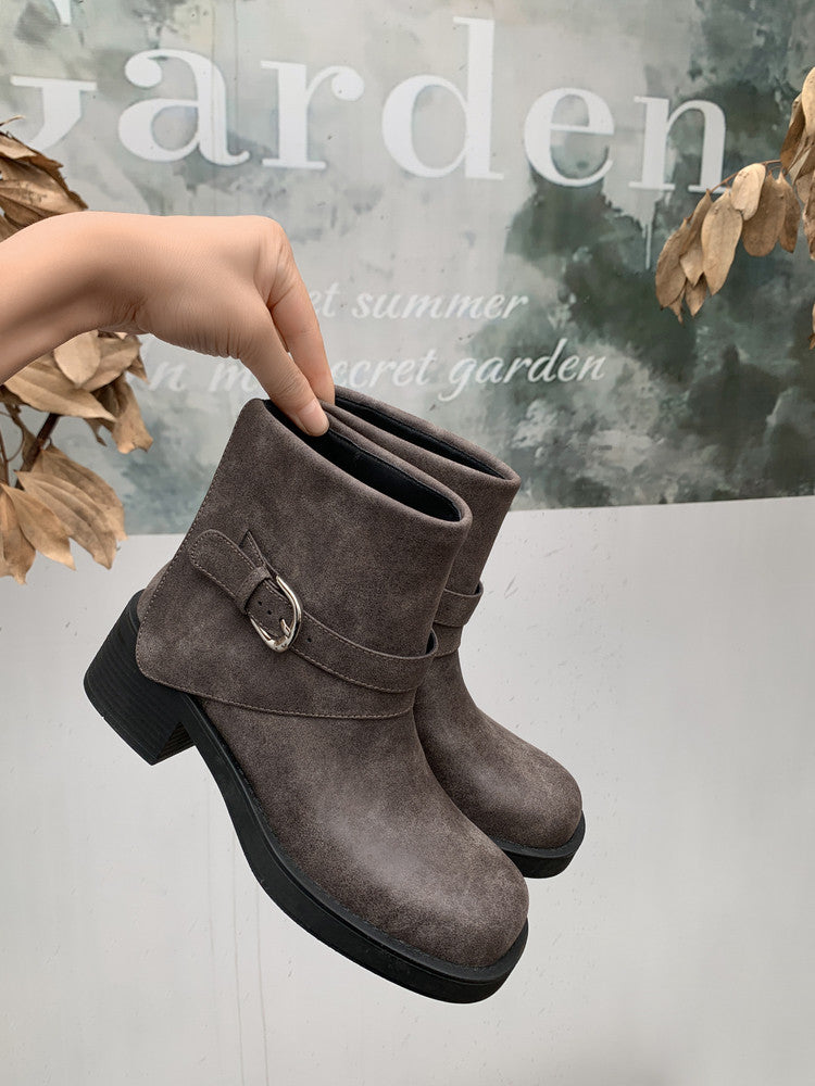 Karin Luna In Stock Spot Goods Versatile Basic Round Toe Belt Buckle Thick Sole Tube Boots