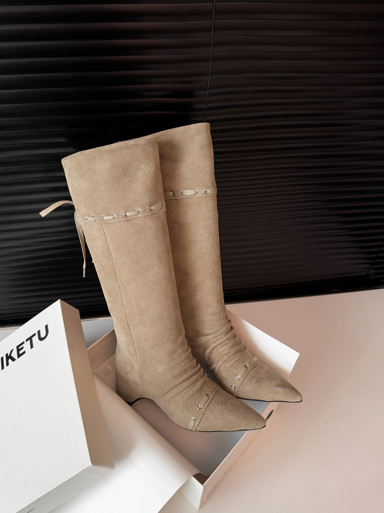 Karin Luna Elegant Style  Pointed Toe Pleated Hidden Wedge Western Boots
