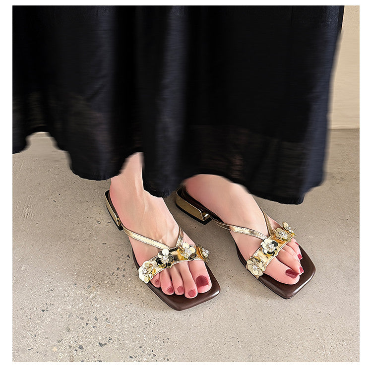 Karin Luna In Stock Spot Goods  One-Strap Sequin Floral Square-Toe Flat Slippers
