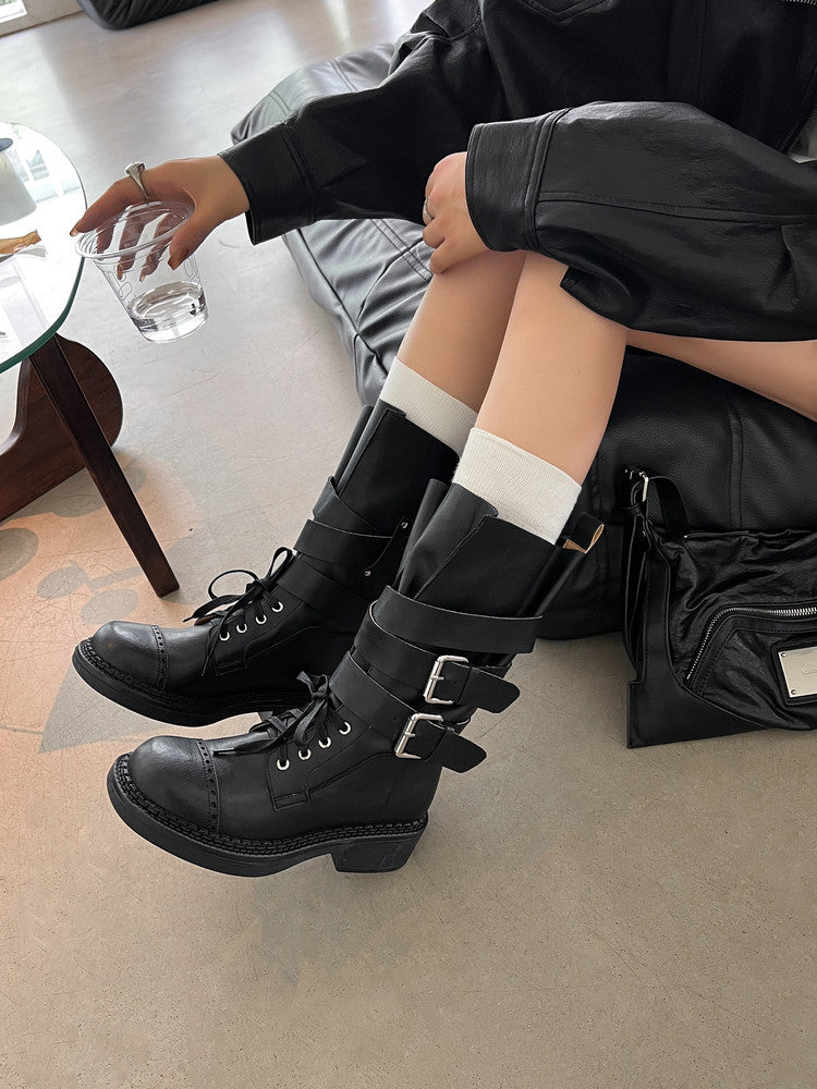 Karin Luna Bestseller Hot-Selling Large Tube Leather Belt Buckle Round Toe Thick-Soled Short Boots