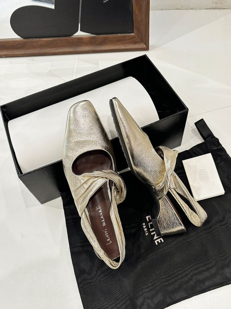 Karin Luna In Stock  Spot Goods Small Square Toe Wrinkled Chunky Heel Closed-Toe Sandals