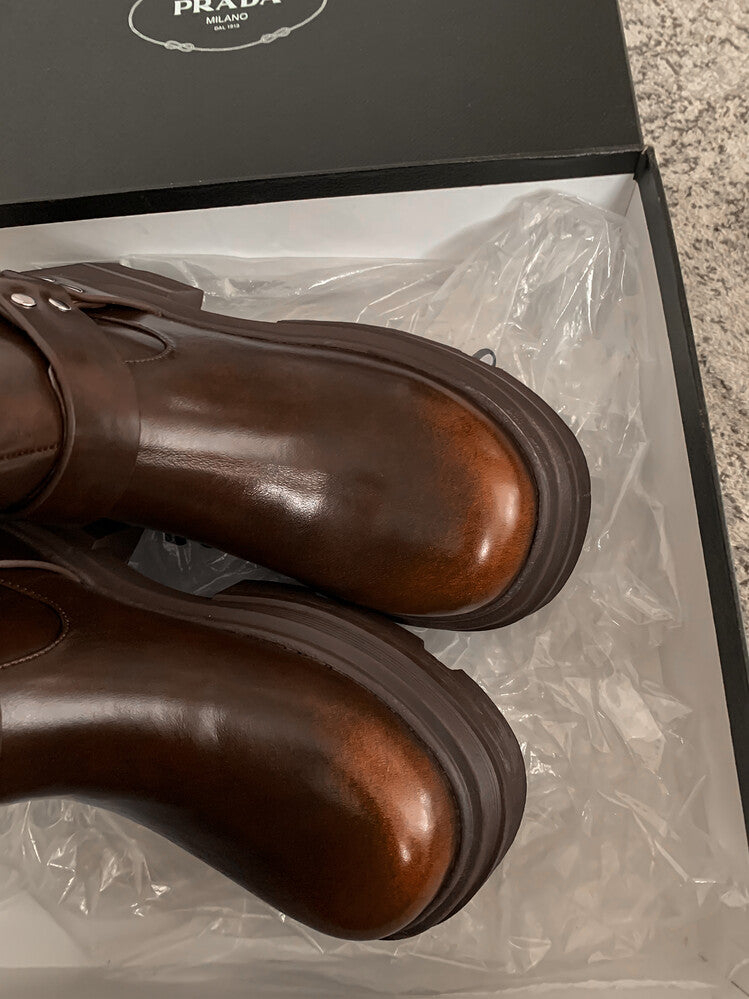 Karin Luna Full Cowhide  miumiu Popular Round Toe Thick Sole Beautiful and height-increasing