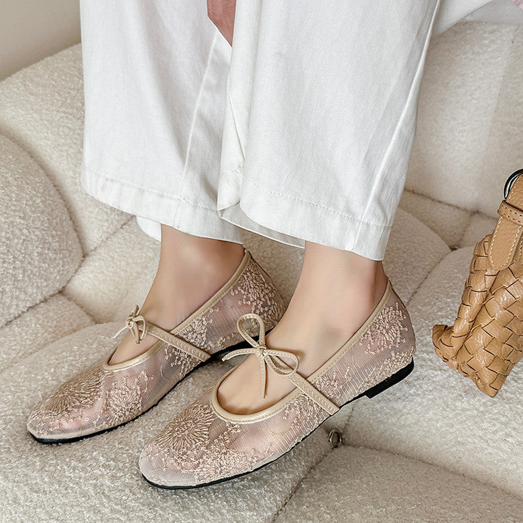 Karin Luna In Stock Spot Goods  Summer Breathable Retro Embroidered Bow Granny Shoes