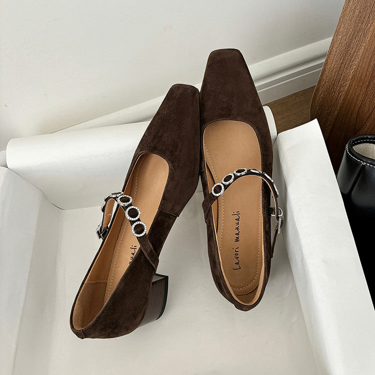 Karin Luna In Stock Spot Goods  Vintage Full Leather Square Toe Rhinestone Strap Shallow Mouth Single Shoes