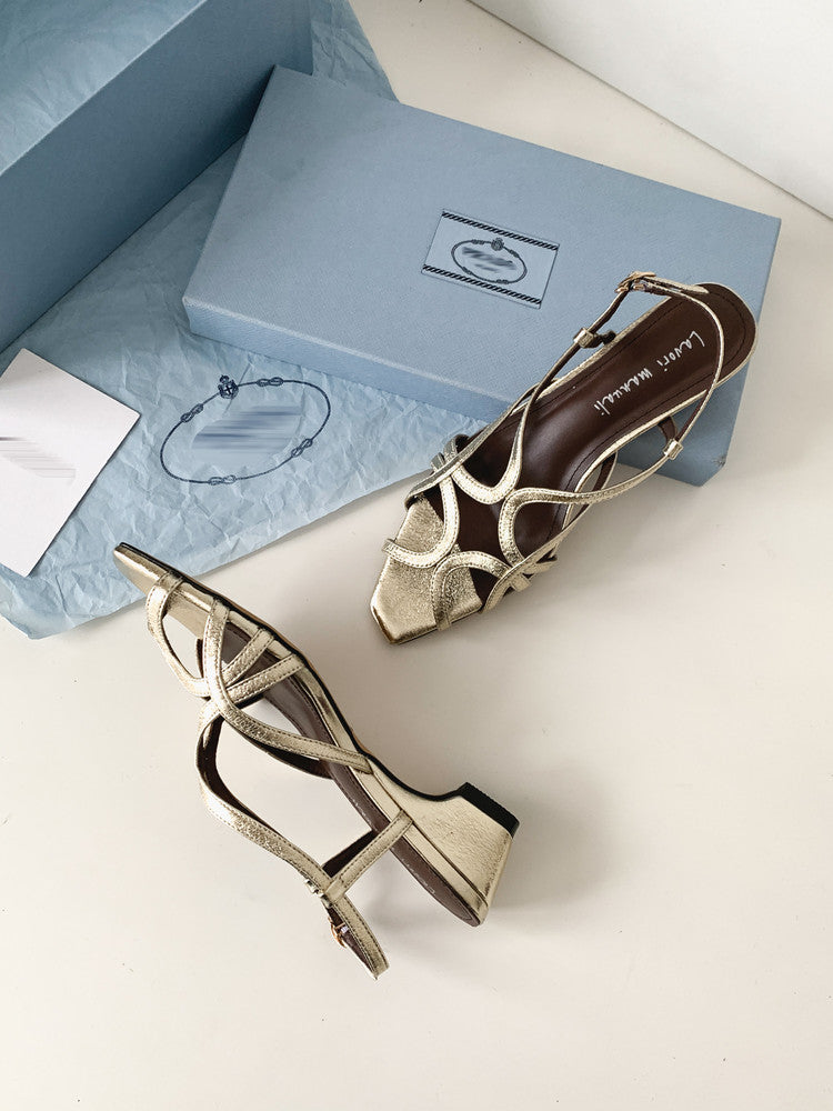 Karin Luna French Hollow Style Small Square Toe Chunky Heel Sandals