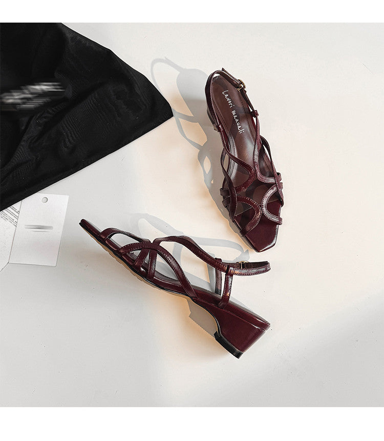 Karin Luna French Hollow Style Small Square Toe Chunky Heel Sandals