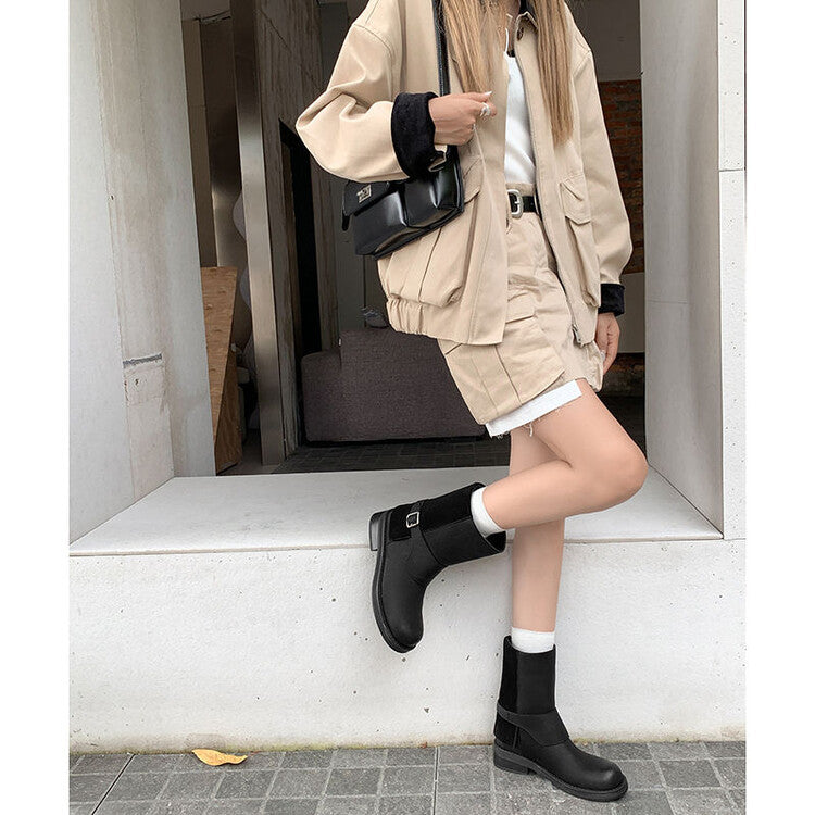 Karin Luna Belt Buckle Chunky Heel Fashion Short Boots