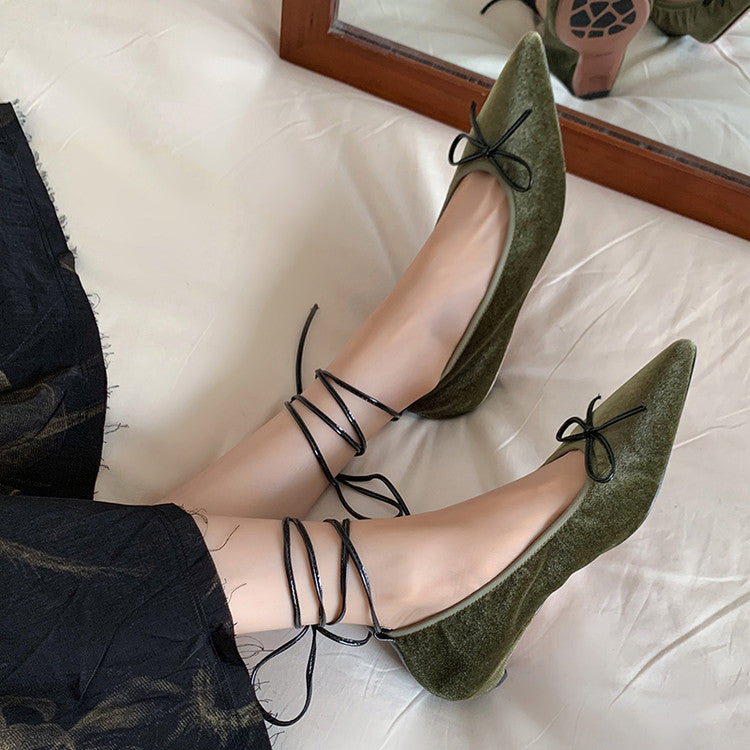 Karin Luna In Stock In Stock Retro Velvet Pointed Toe Bowknot Single Shoes