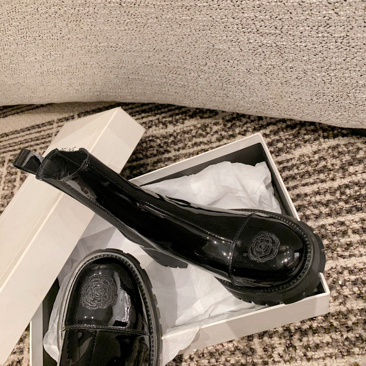 Karin Luna In Stock Spot Goods  Classic Embroidered Camellia Round Toe Thick Sole Chelsea Boots
