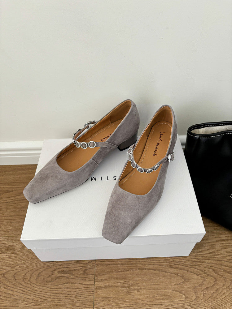 Karin Luna In Stock Spot Goods  Vintage Full Leather Square Toe Rhinestone Strap Shallow Mouth Single Shoes