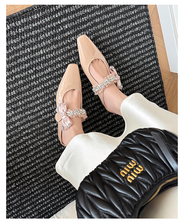 Karin Luna Handmade One-Strap Rhinestone Ribbon Square-Toe Mules