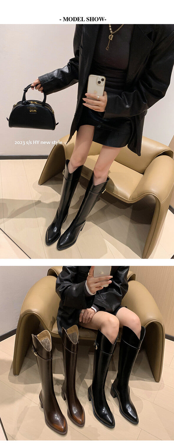 Karin Luna Bestseller  Popular Understood everything  Basic Elegant Outfit Pointed Toe Chunky Heel Full Cowhide I Am A Knight Boots