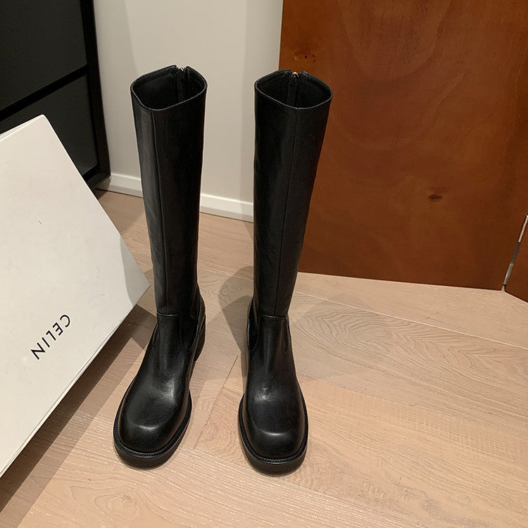 Karin Luna Basic Versatile Style Round Toe Chunky Heel Long Boots