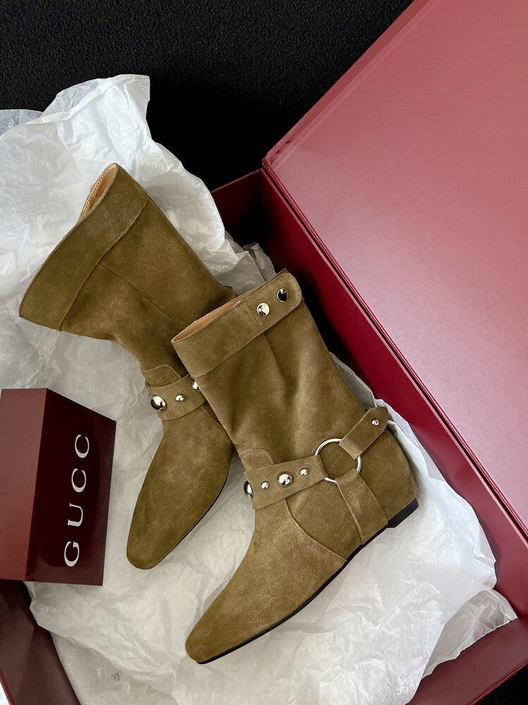 Karin Luna has prepared stock  Hot-Selling Retro Pointed Toe Wedge Metal Buckle High Tube Western Boots