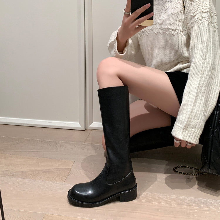 Karin Luna Basic Versatile Style Round Toe Chunky Heel Long Boots