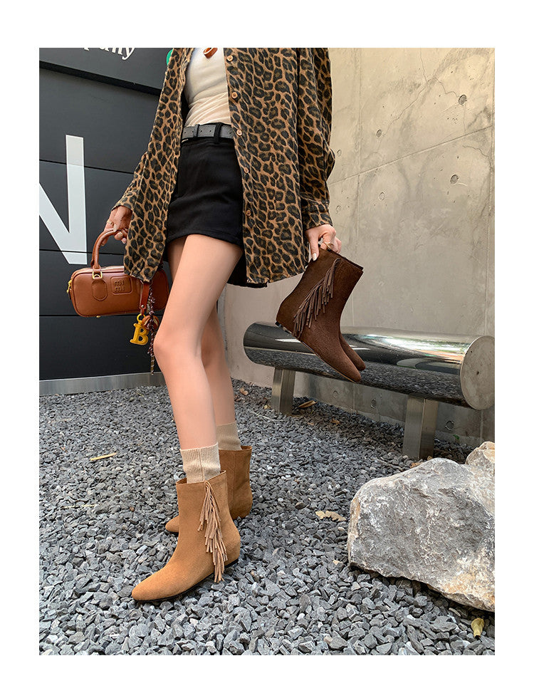 Karin Luna In Stock Spot Goods Tassel Square Toe Hidden Wedge Short Boots