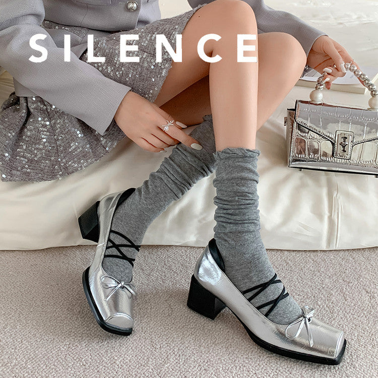 Karin Luna In Stock Spot Goods  Popular Self-flowing Bowknot Square Toe Chunky Heel Single Shoes