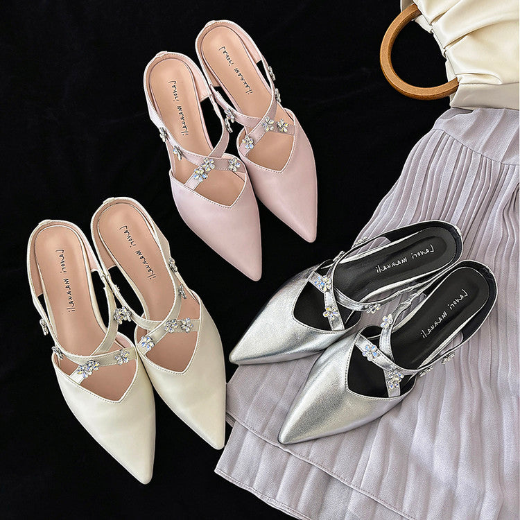 Karin Luna Elegant Pointed Toe Rhinestone Flower High Heel Mules