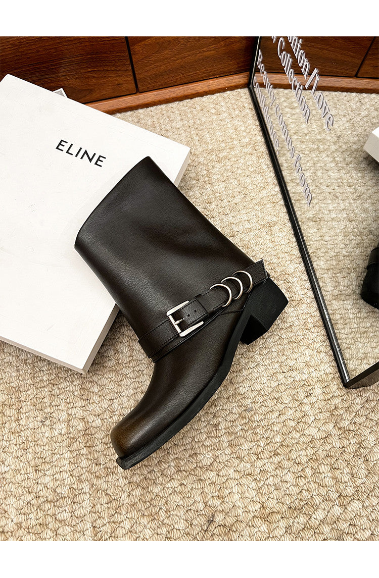 Karin Luna Elegant Style Square Toe Belt Buckle Pants Boot Short Boots