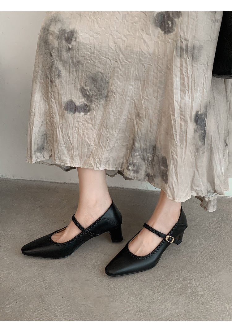 Karin Luna Braided Element Design Chunky Heel Square Toe Single Strap Shoes