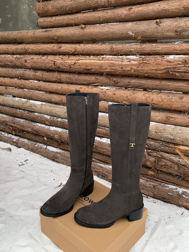 Karin Luna In Stock Spot Goods Basic Retro Square Toe Chunky Heel Riding Boots