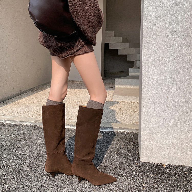 Karin Luna In Stock Spot Goods Retro Cowhide Pointed Toe Stiletto Elegant Long Boots