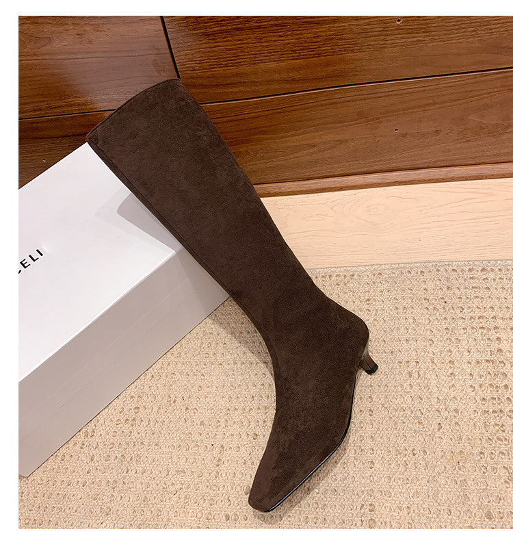 Karin Luna In Stock Spot Goods   Small Square Toe Thin Heel Elegant Slimming Long Boots