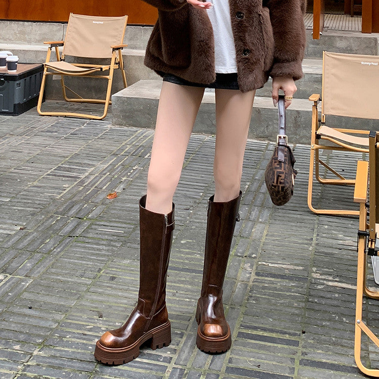 Karin Luna In Stock In Stock  Round Toe Thick Sole Belt Buckle Side Zipper Knight Boots