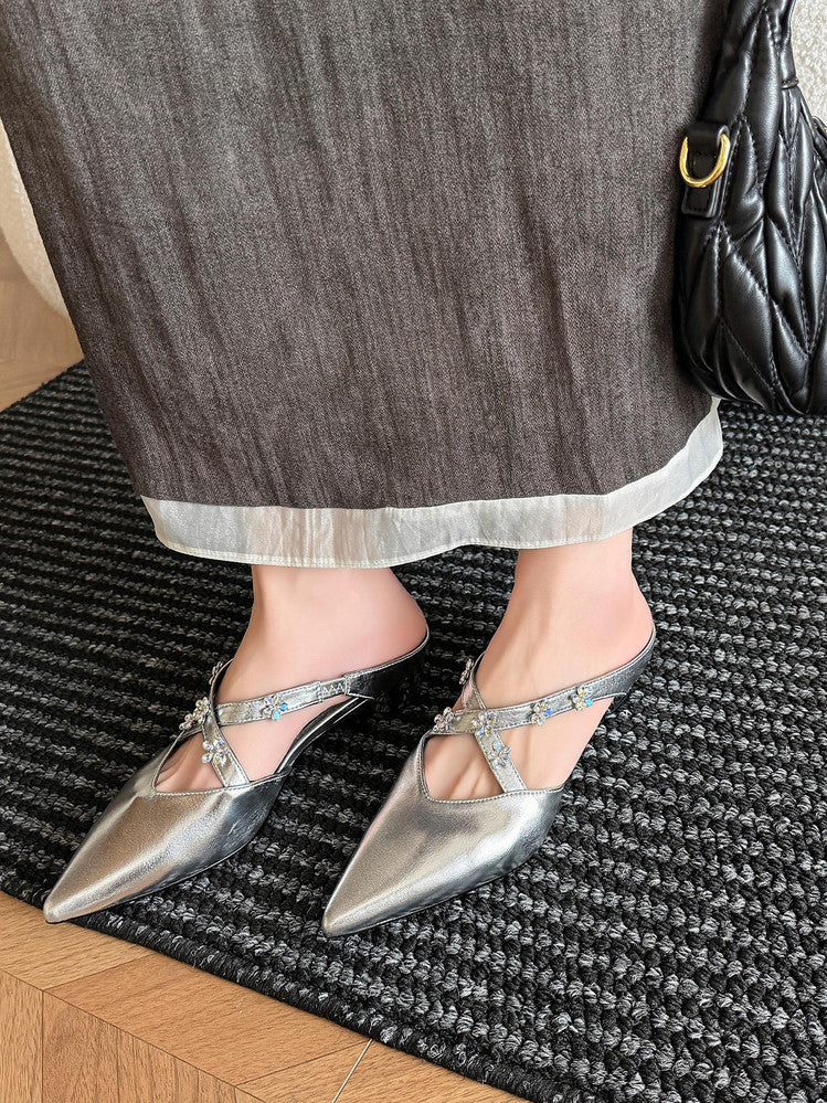 Karin Luna Elegant Pointed Toe Rhinestone Flower High Heel Mules