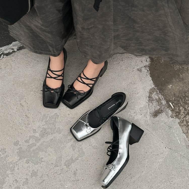Karin Luna In Stock Spot Goods  Popular Self-flowing Bowknot Square Toe Chunky Heel Single Shoes