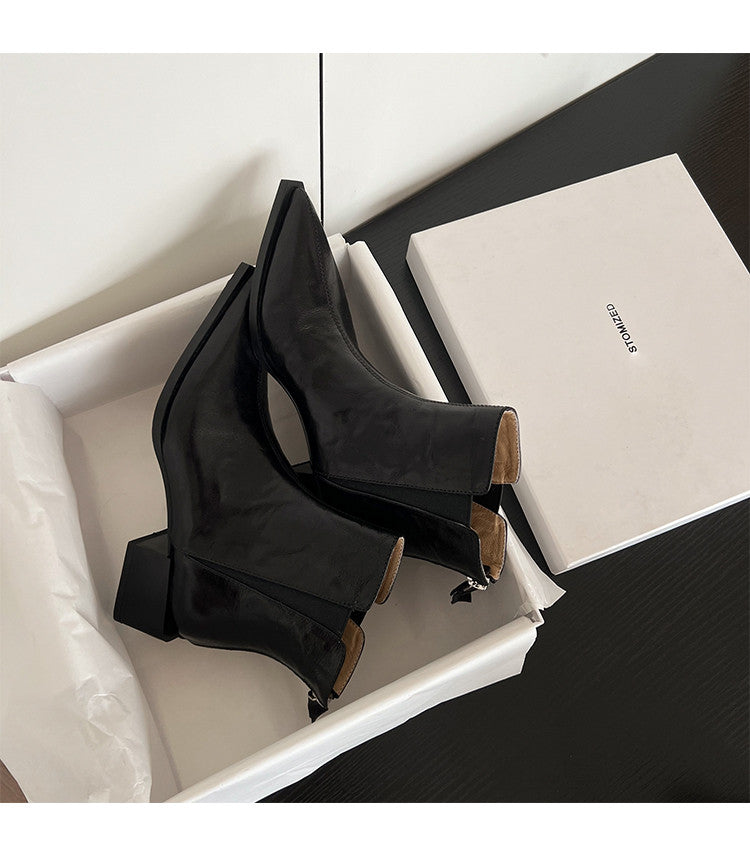 Karin Luna In Stock Spot Goods Elegant Stretch Fabric Patchwork Pointed Toe Chunky Heel Short Boots