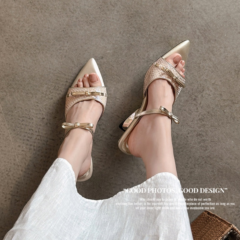 Karin Luna Fish Skin Series~Pointed Toe Irregular Heel Bowknot Strap Slippers