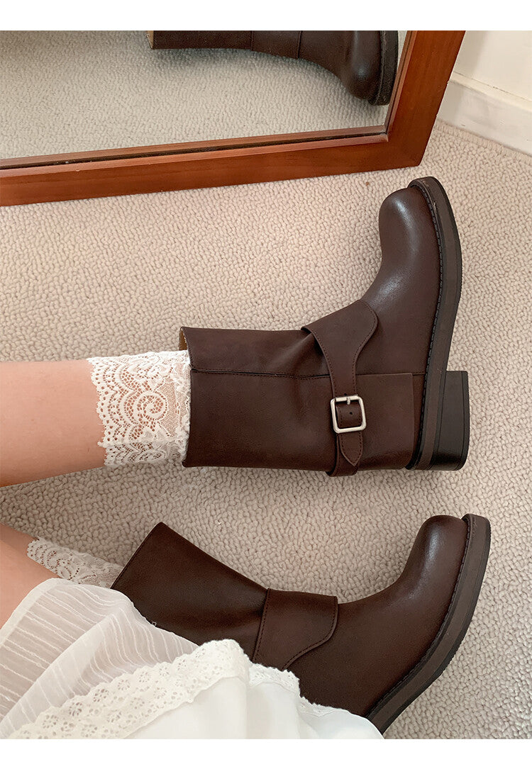 Karin Luna Belt Buckle Chunky Heel Fashion Short Boots