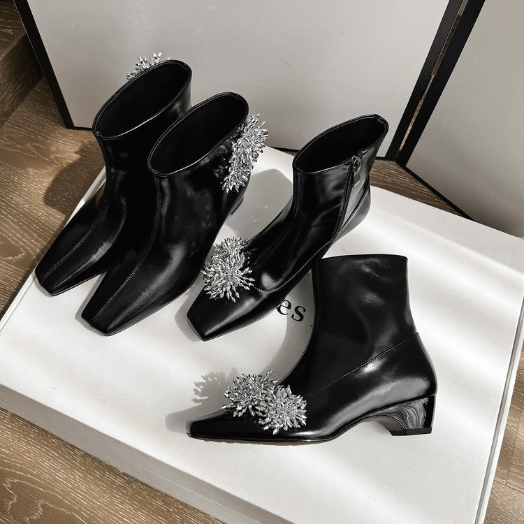 Karin Luna Elegant Style Square Toe Flower Design Height Increasing Short Boots with Two Front and Back Options