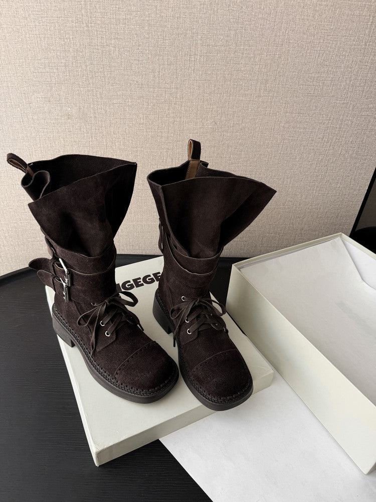 Karin Luna Bestseller Hot-Selling Large Tube Leather Belt Buckle Round Toe Thick-Soled Short Boots