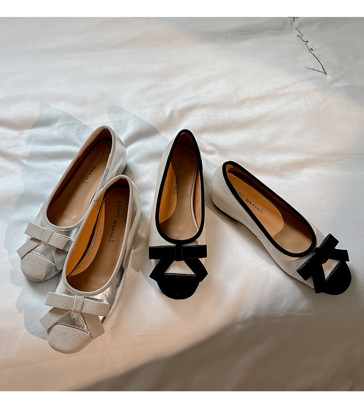 Karin Luna In Stock Spot Goods    Color Block Sweet Bowknot Hidden Wedge Shallow Mouth Flats