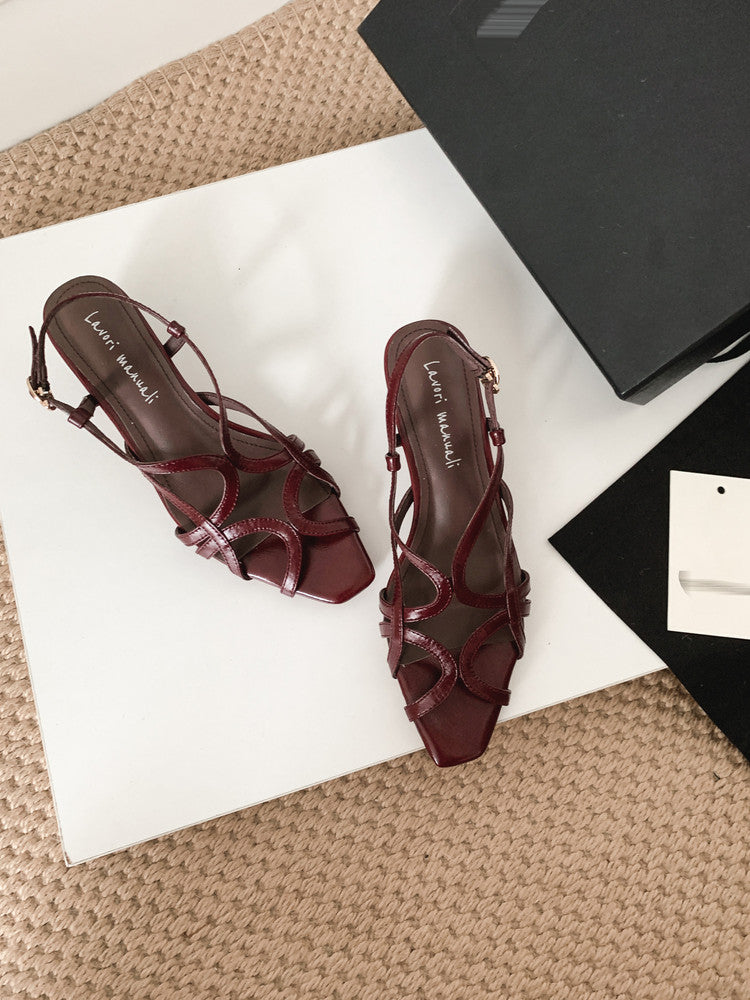 Karin Luna French Hollow Style Small Square Toe Chunky Heel Sandals