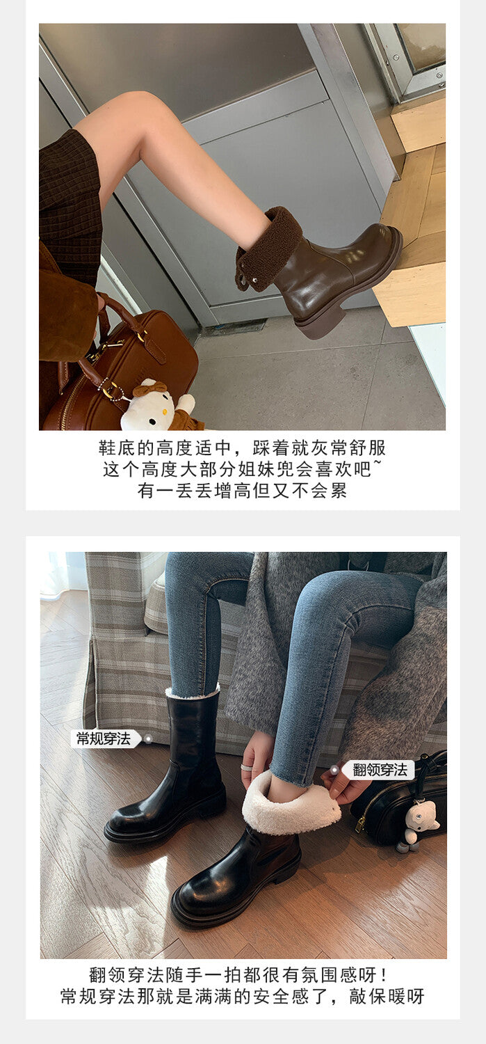 Karin Luna Classic Basic Style   Convertible Foldable Hidden Buckle Snow Fur Shoes Full cowhide Basic Flat Short Boots