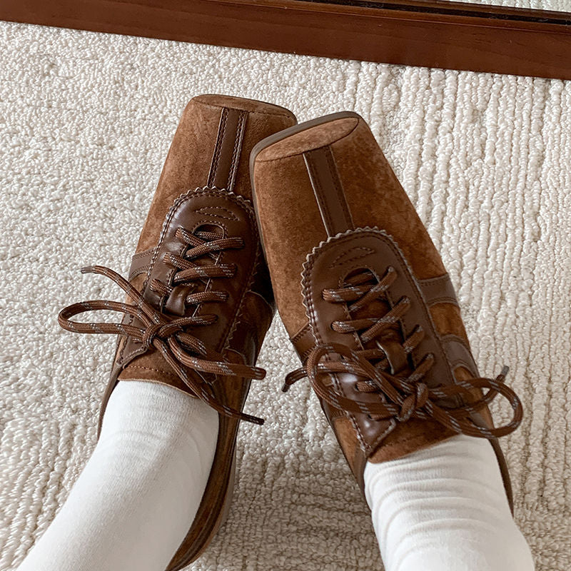 Karin Luna In Stock Spot Goods   Pig Nose Thin Strap Square Toe Patchwork Single Shoes