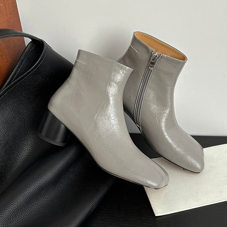 Karin Luna French Style Square Toe Chunky Heel Ankle Boots