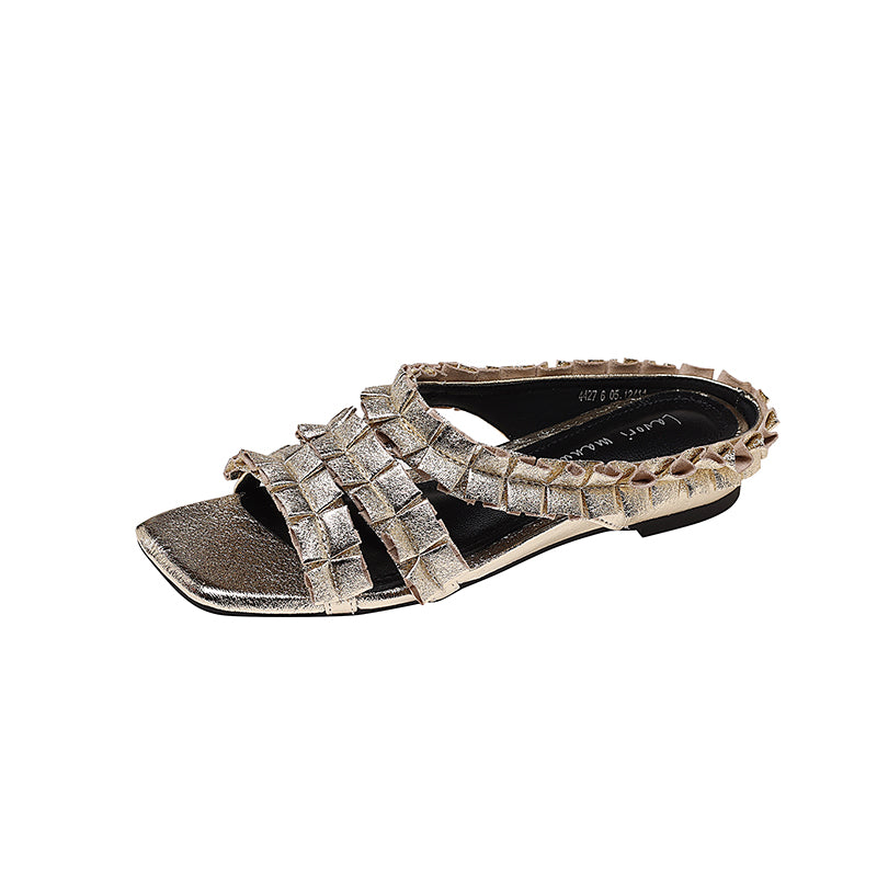 Karin Luna In Stock   Spot Goods  Niche Design Square-Toed Pleated Flat Slippers