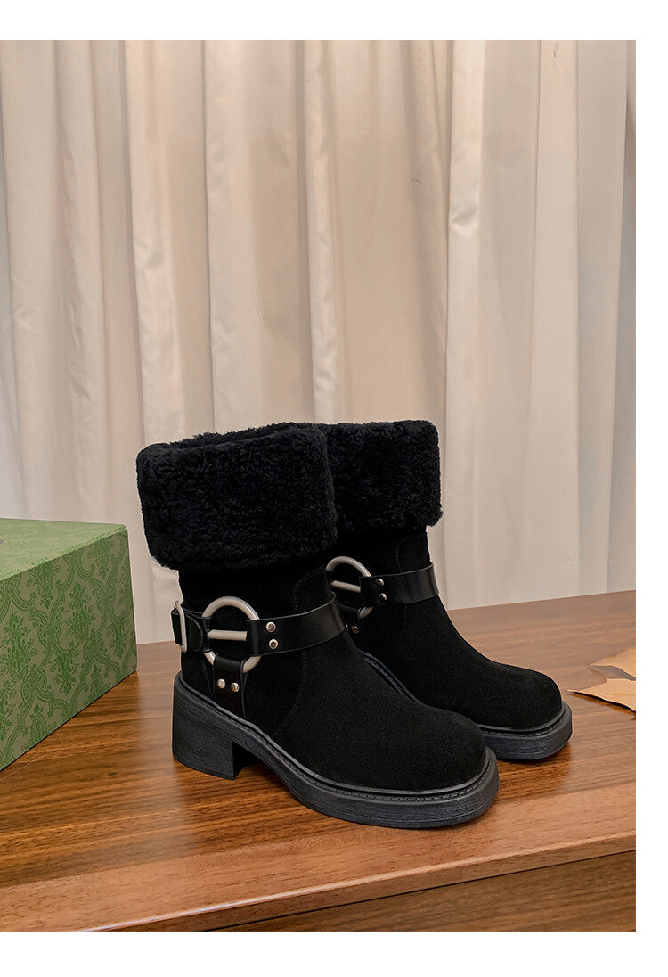 Karin Luna Genuine Lamb Wool and Cowhide Leather Hot-selling Metal Buckle Round Toe Chunky Heel Main Push Main Push