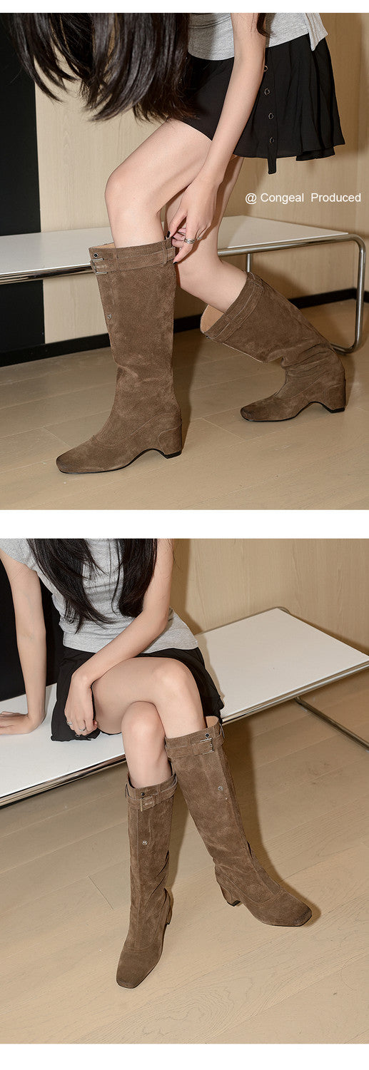 Karin Luna Belt Buckle Elegant Chunky Heel Suede Western Boots