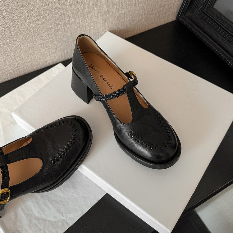 Karin Luna In Stock Spot Goods Vintage Braided Twist High Heels T Round Toe Thick Sole Single Shoes