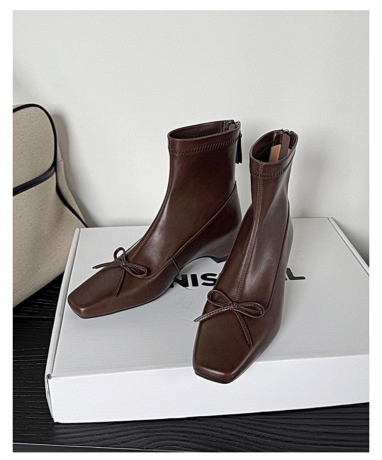 Karin Luna French Style Square Toe Bowknot Hidden Wedge Slim Boots