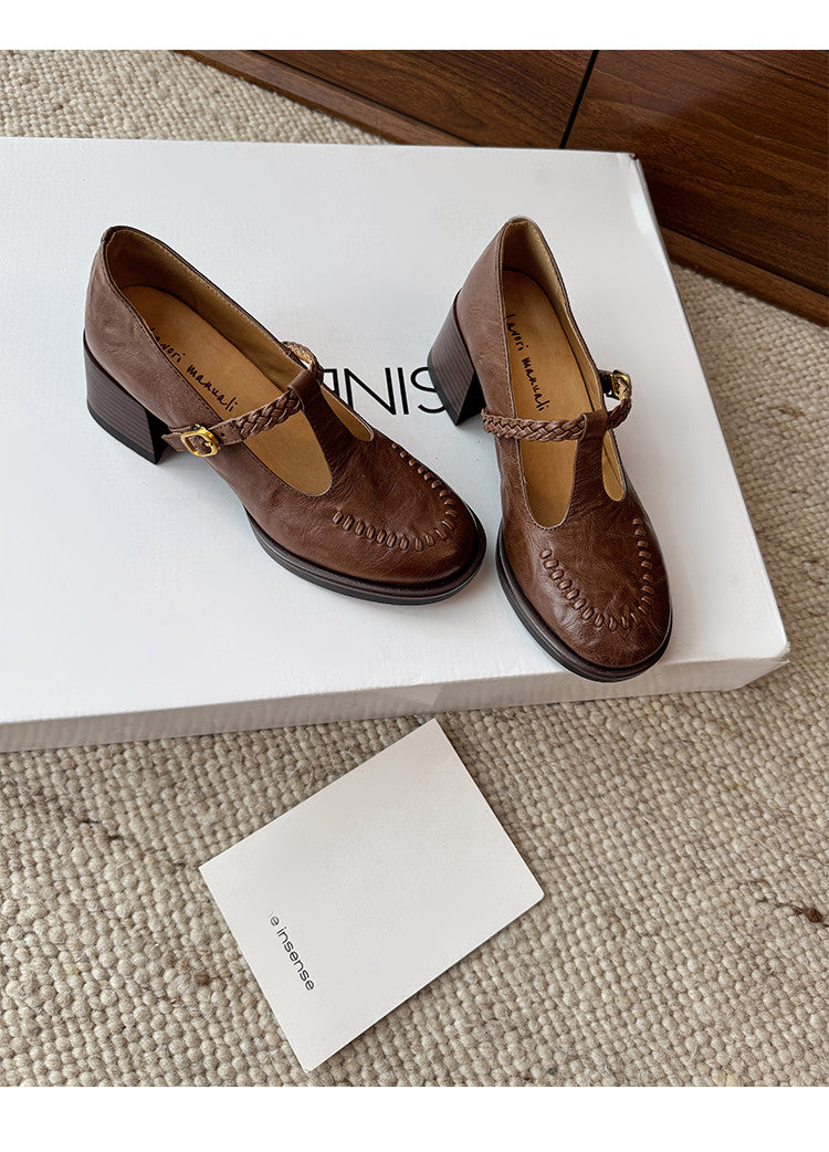 Karin Luna In Stock Spot Goods Vintage Braided Twist High Heels T Round Toe Thick Sole Single Shoes