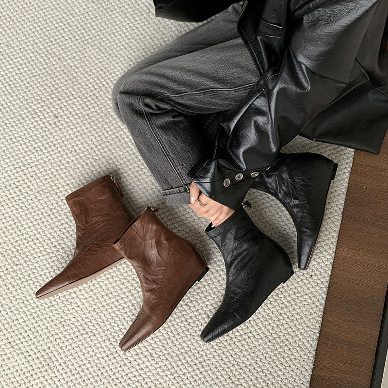 Karin Luna In Stock Spot Goods Slim Series  Hidden Wedge Small Square Toe Back Zipper Short Boots