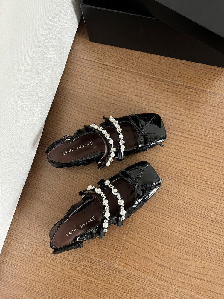 Karin Luna In Stock In Stock  Square Toe Bowknot Pearl Strap Closed-Toe Sandals